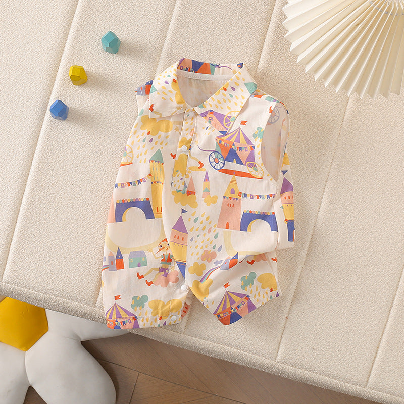 Summer Forest Style Sleeveless Directional Castle Clown Wide Shoulder Summer Romper for Newborn Babies