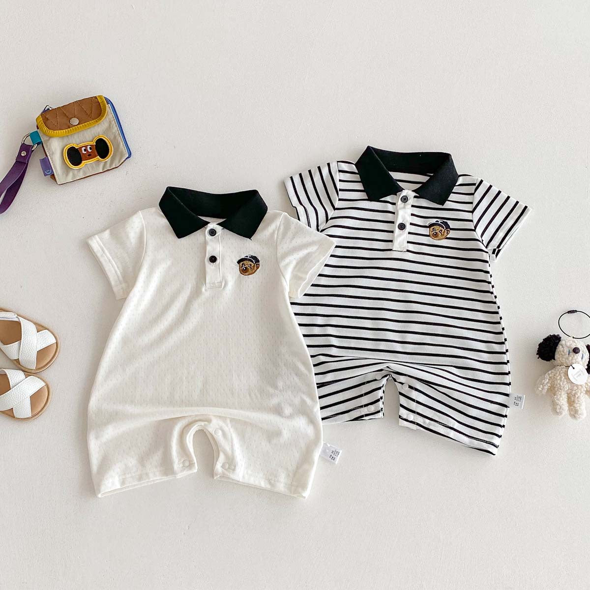 Summer Baby Clothes Romper for Boys Lightweight Polo Bodysuit, Striped Crawling Suit for 100-Day Babies
