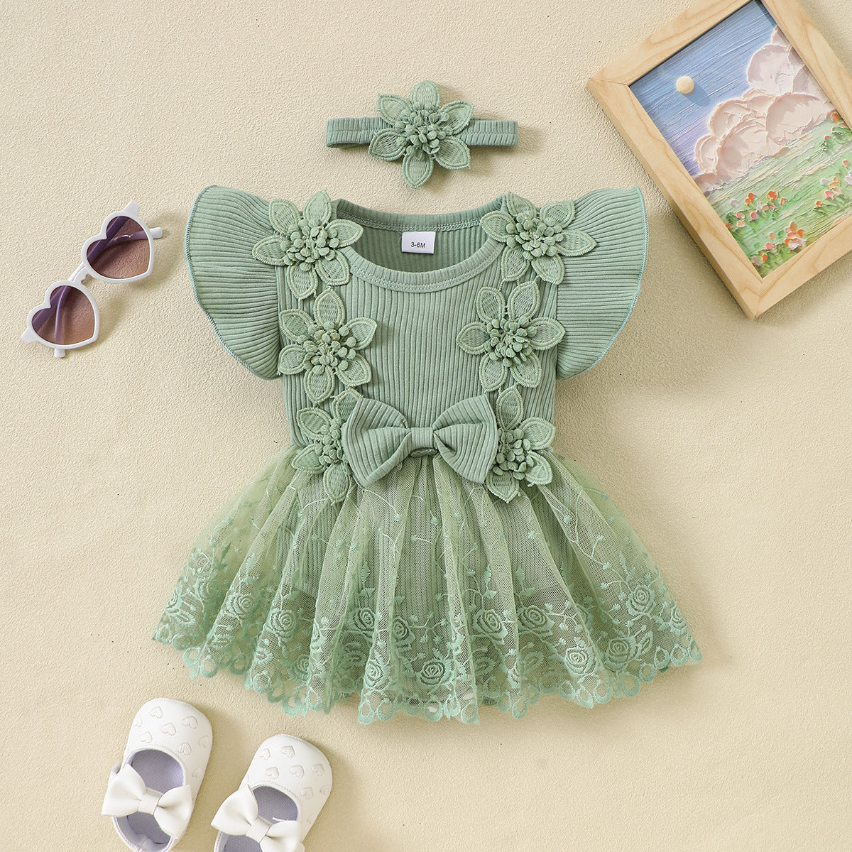 Cute Mesh Princess Romper with 3D Flowers and Flutter Sleeves for Babies and Toddlers Summer Fashion Bodysuit
