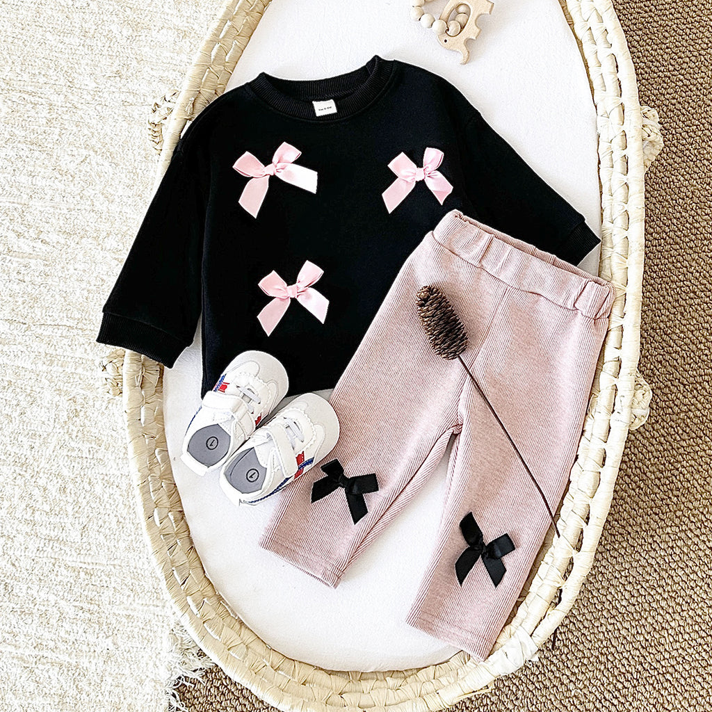 Bow tie round neck hoodie two-piece set for babies