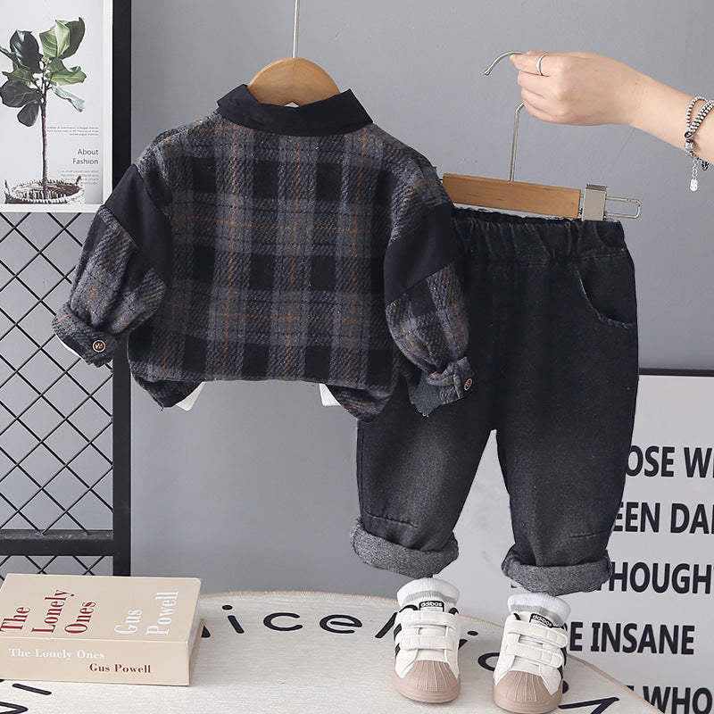 Splicing plaid long sleeved three piece set for baby boys