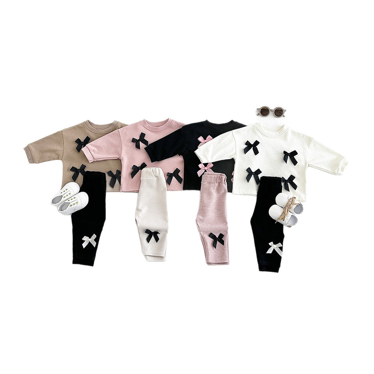 Bow tie round neck hoodie two-piece set for babies