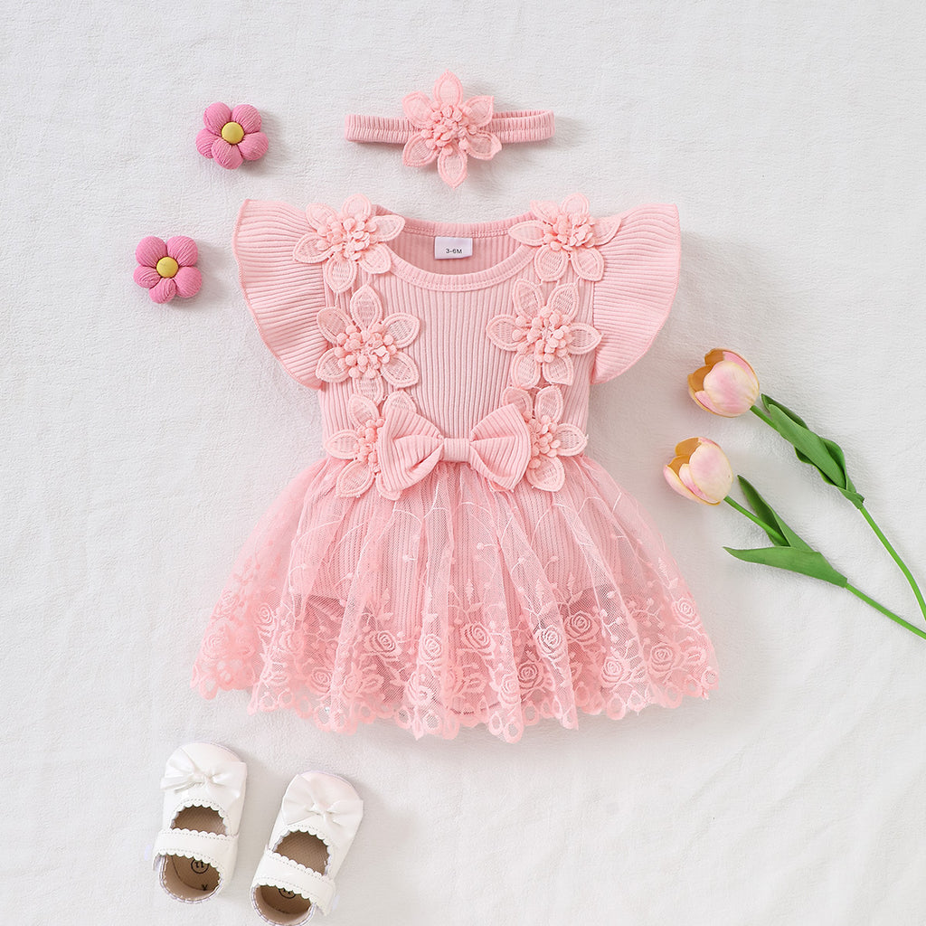 Cute Mesh Princess Romper with 3D Flowers and Flutter Sleeves for Babies and Toddlers Summer Fashion Bodysuit