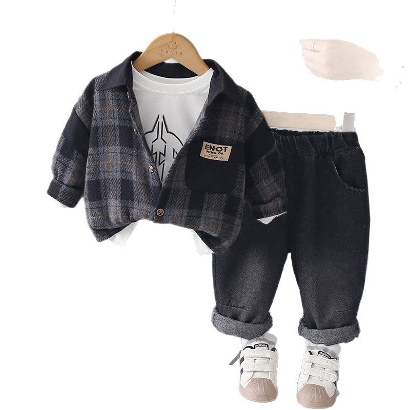 Splicing plaid long sleeved three piece set for baby boys