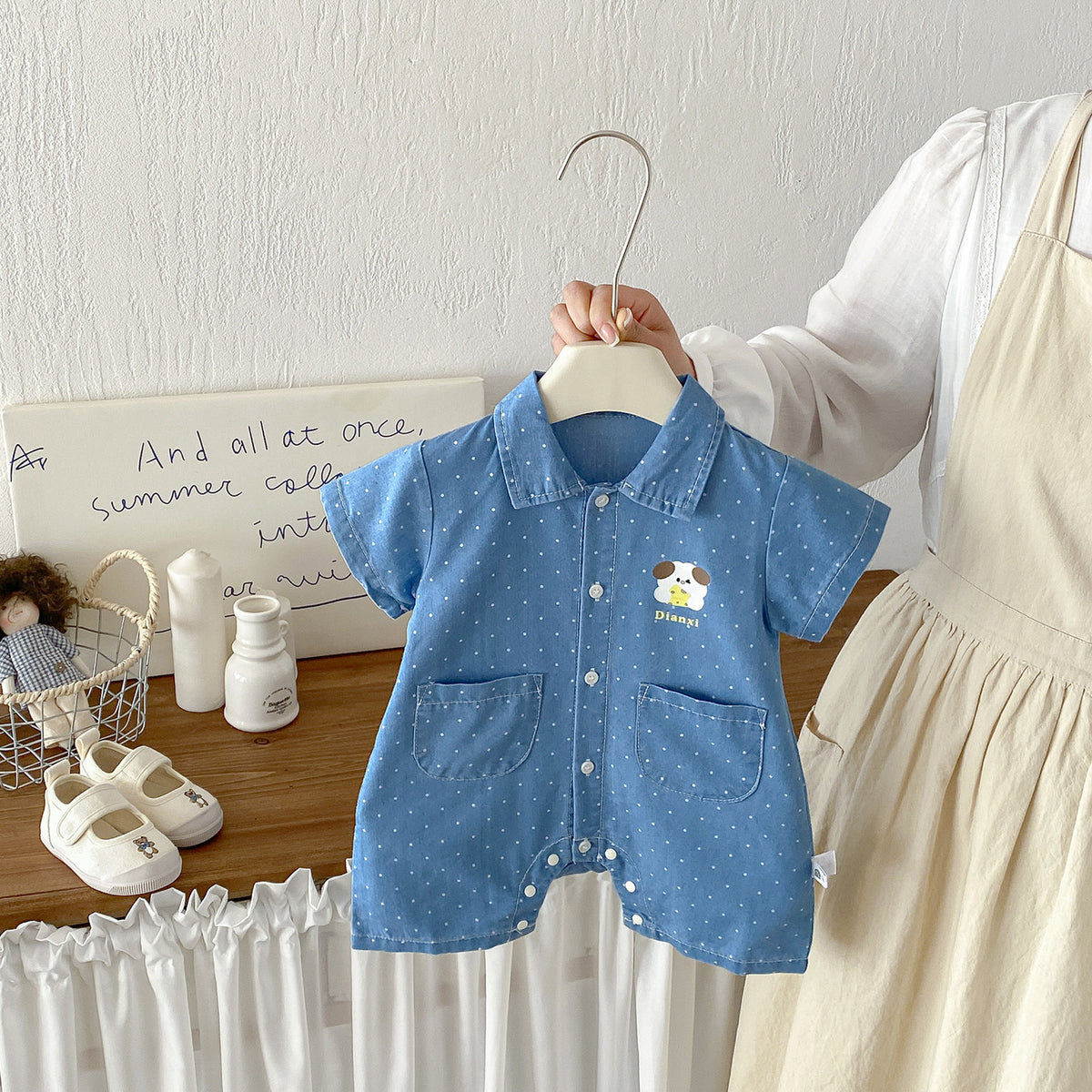 Cute Cartoon Polka Dot Denim Short Sleeve Romper for Babies Summer Lightweight Baby Outfit with Open Crotch Design