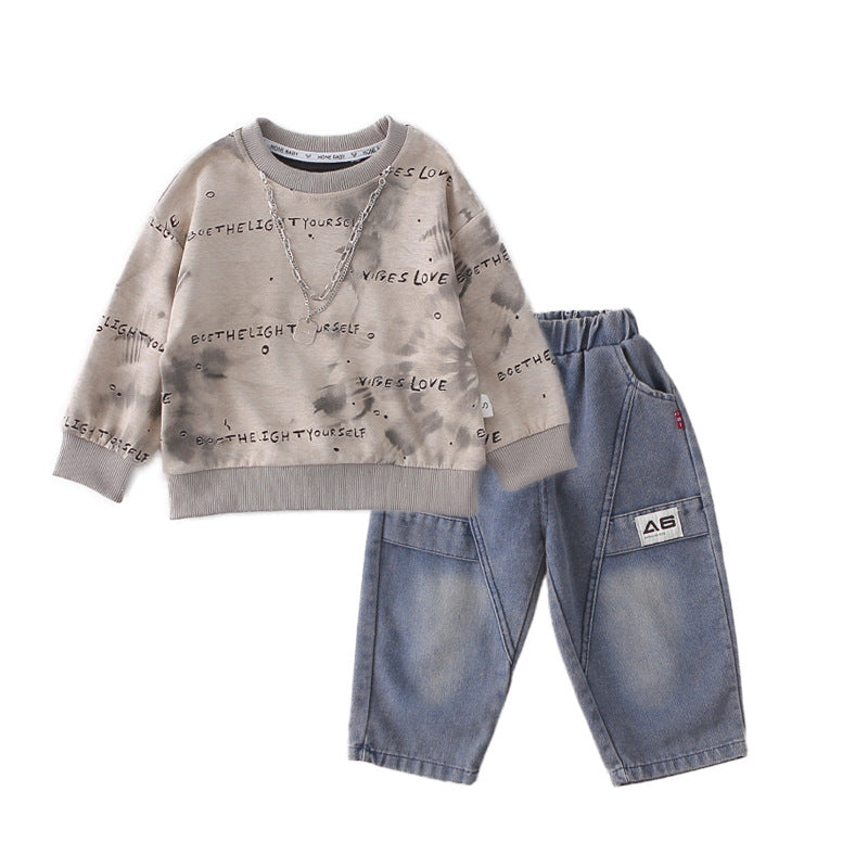 Letter hoodie long sleeved two-piece set for babies and children