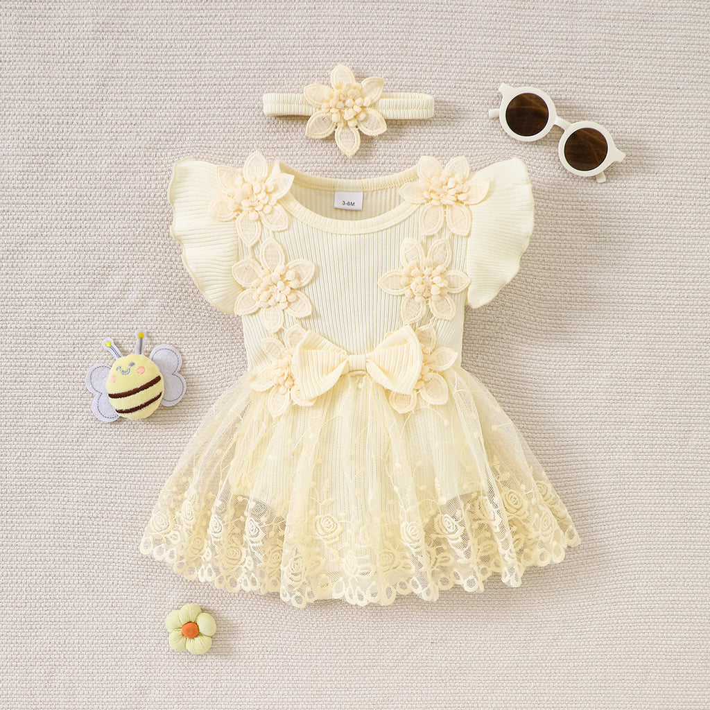 Cute Mesh Princess Romper with 3D Flowers and Flutter Sleeves for Babies and Toddlers Summer Fashion Bodysuit