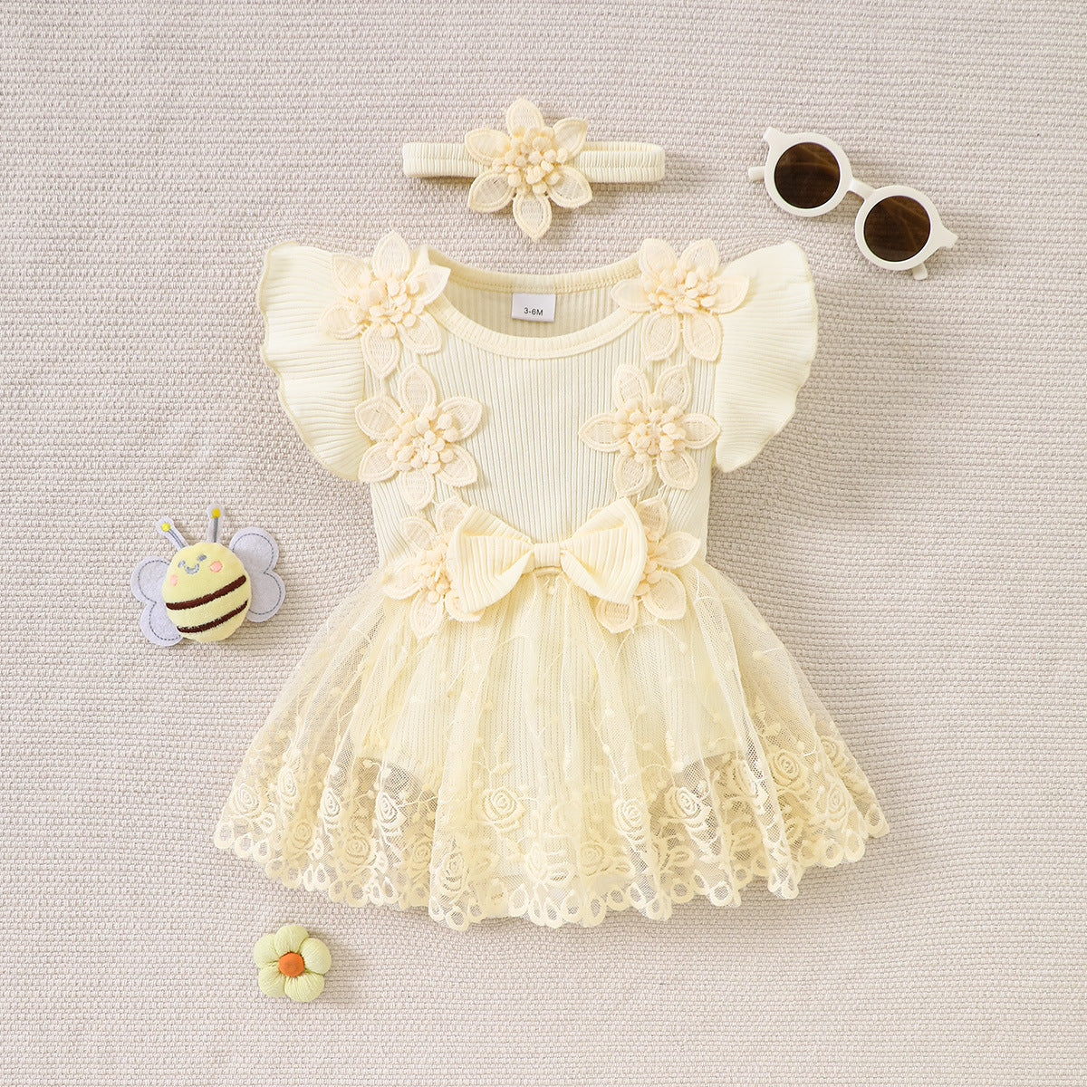 Cute Mesh Princess Romper with 3D Flowers and Flutter Sleeves for Babies and Toddlers Summer Fashion Bodysuit
