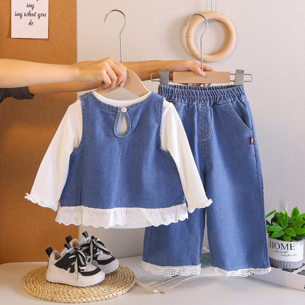 Embroidered denim long sleeved three piece set for babies
