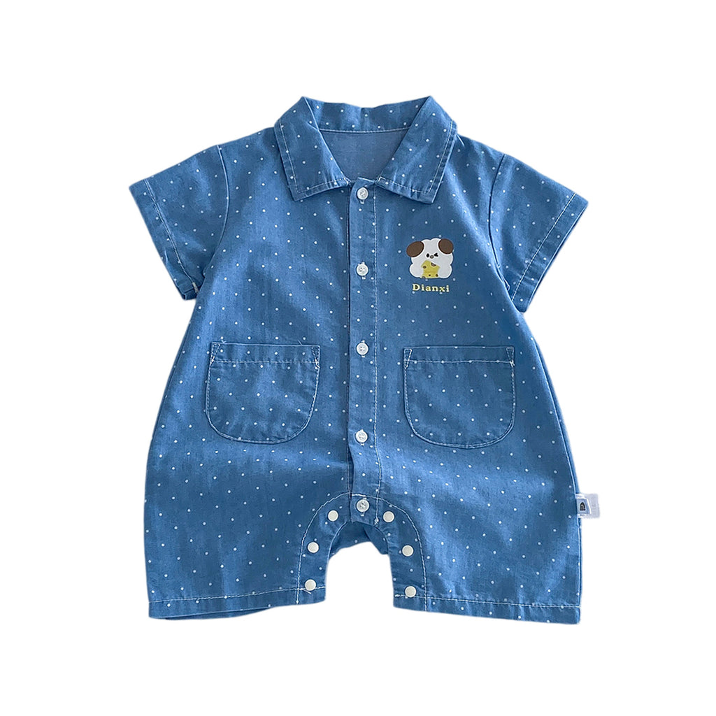 Cute Cartoon Polka Dot Denim Short Sleeve Romper for Babies Summer Lightweight Baby Outfit with Open Crotch Design