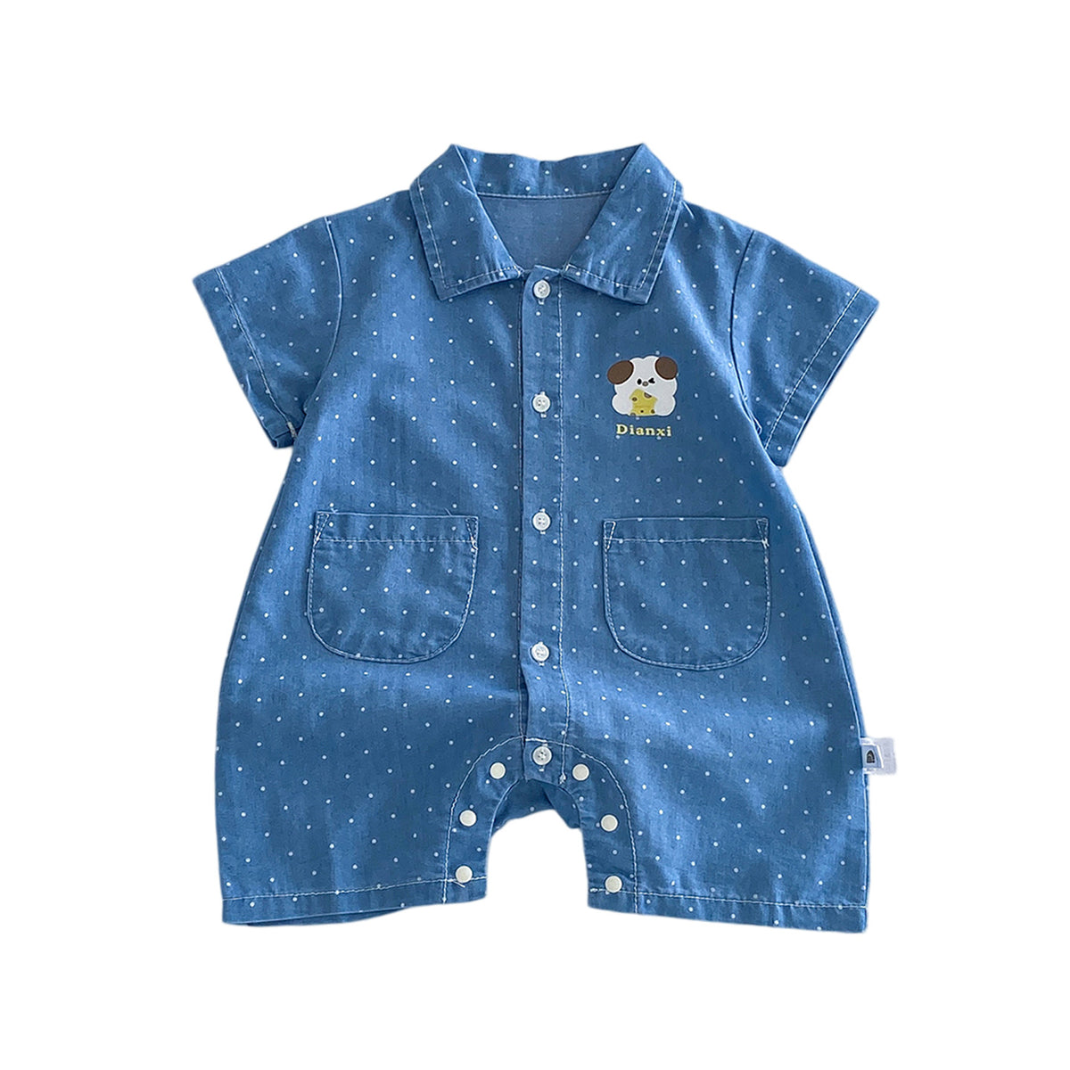 Cute Cartoon Polka Dot Denim Short Sleeve Romper for Babies Summer Lightweight Baby Outfit with Open Crotch Design