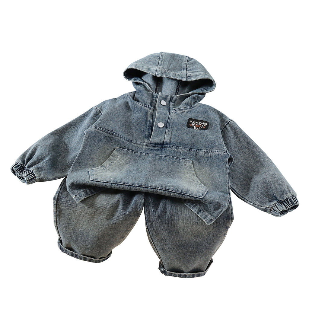 Solid color denim long sleeved two-piece set