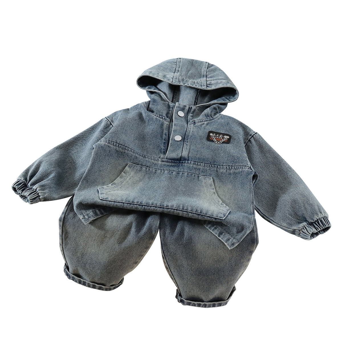 Solid color denim long sleeved two-piece set