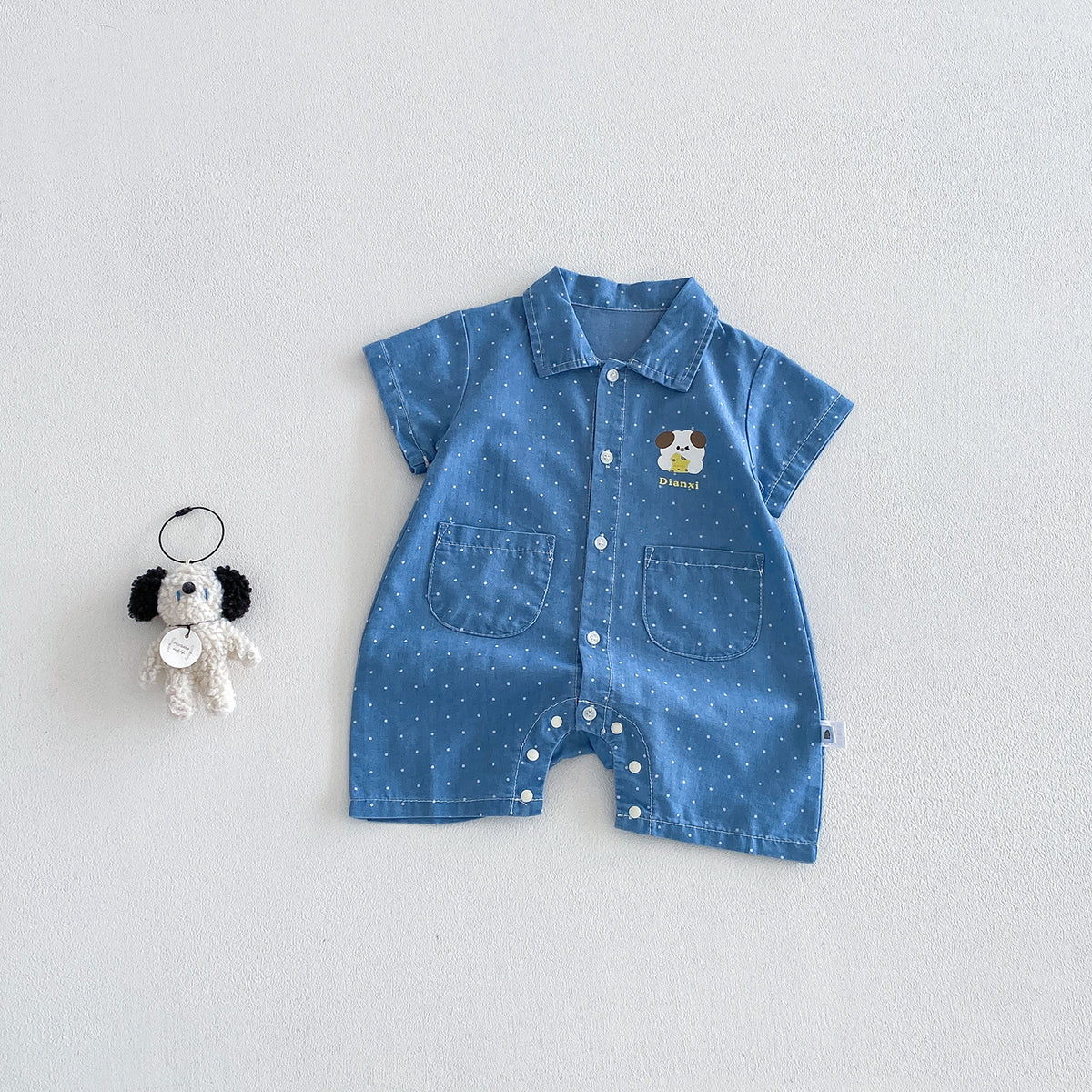 Cute Cartoon Polka Dot Denim Short Sleeve Romper for Babies Summer Lightweight Baby Outfit with Open Crotch Design