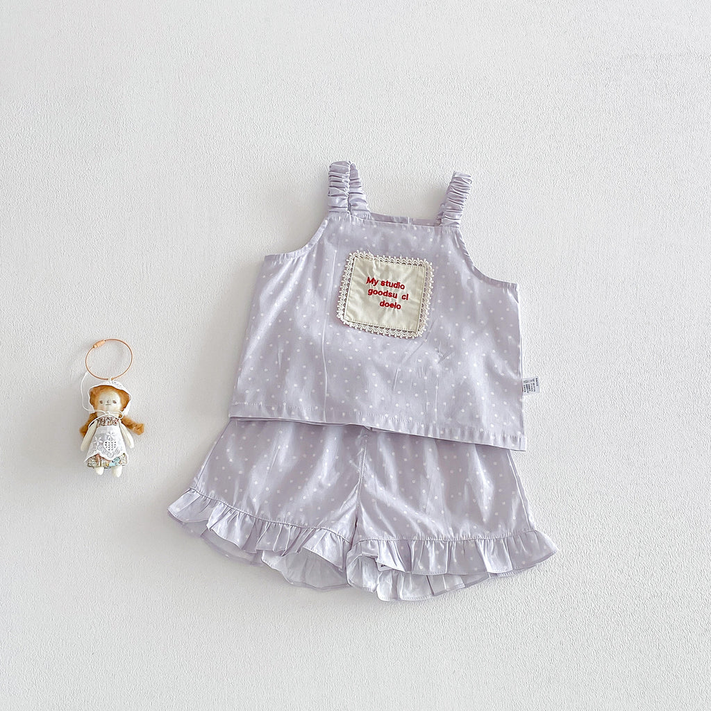 Polka Dot Embroidered Strap  Casual Shorts Set for Babies and Toddlers