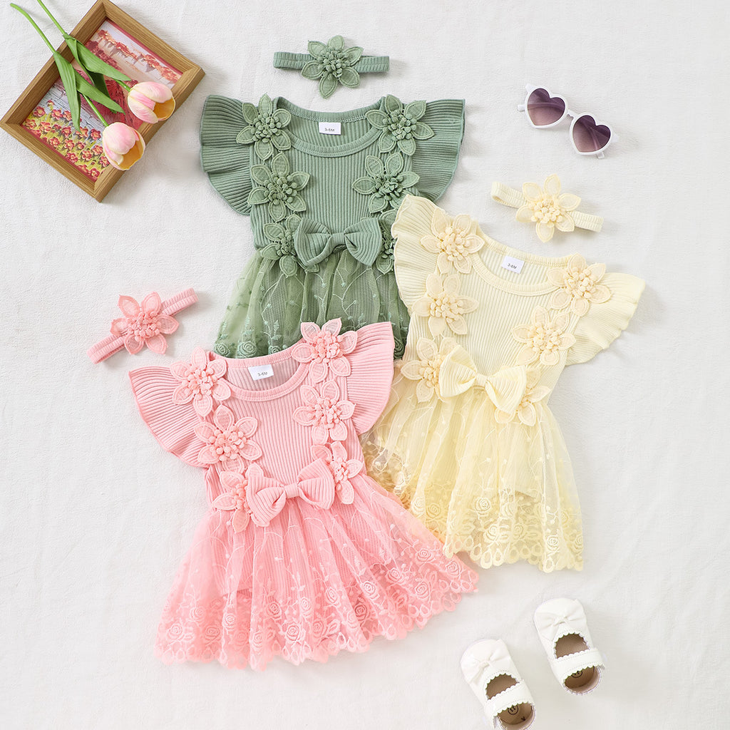 Cute Mesh Princess Romper with 3D Flowers and Flutter Sleeves for Babies and Toddlers Summer Fashion Bodysuit