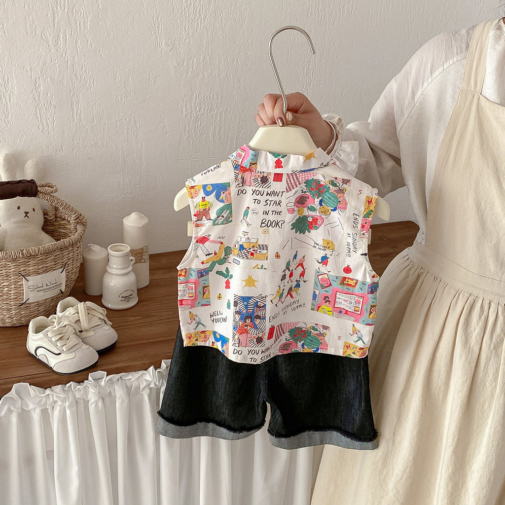 Floral sleeveless shirt set for babies, trendy summer outfit with top and shorts two-piece set