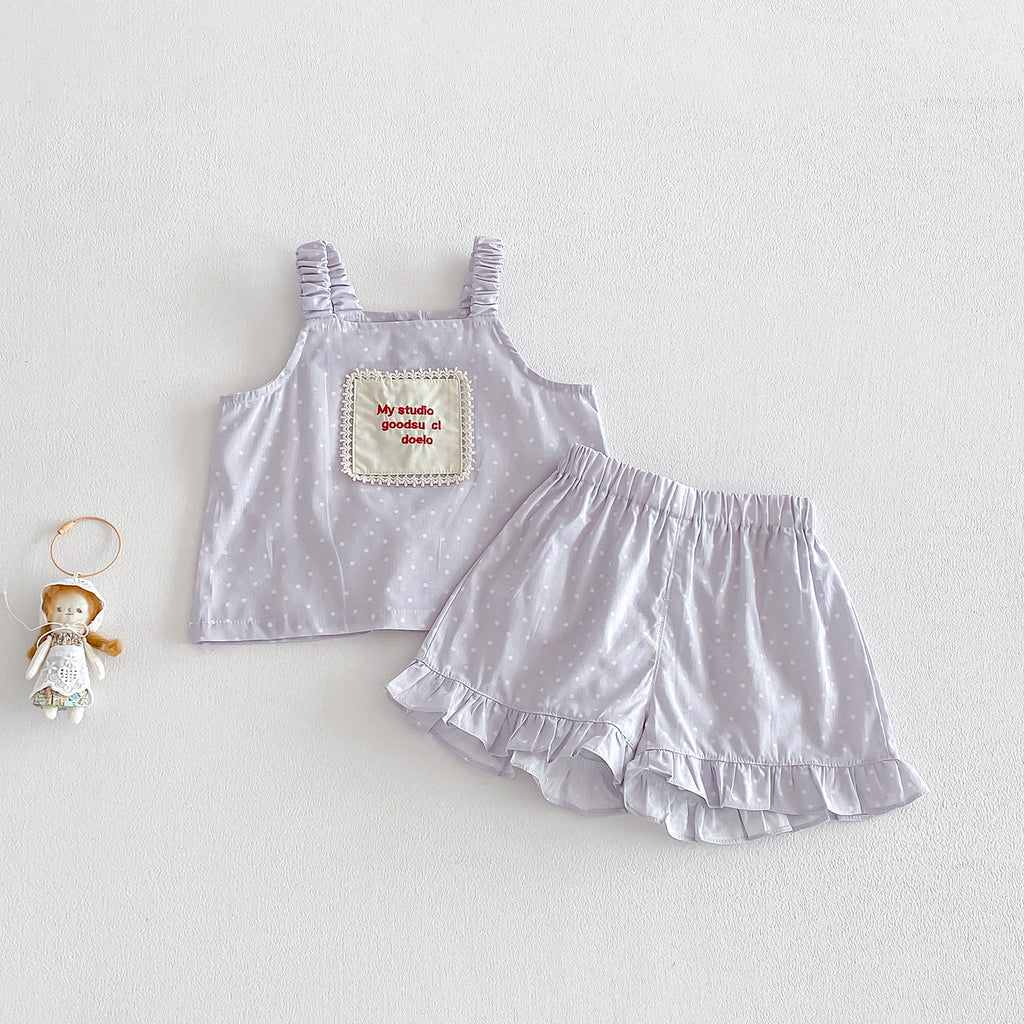 Polka Dot Embroidered Strap  Casual Shorts Set for Babies and Toddlers