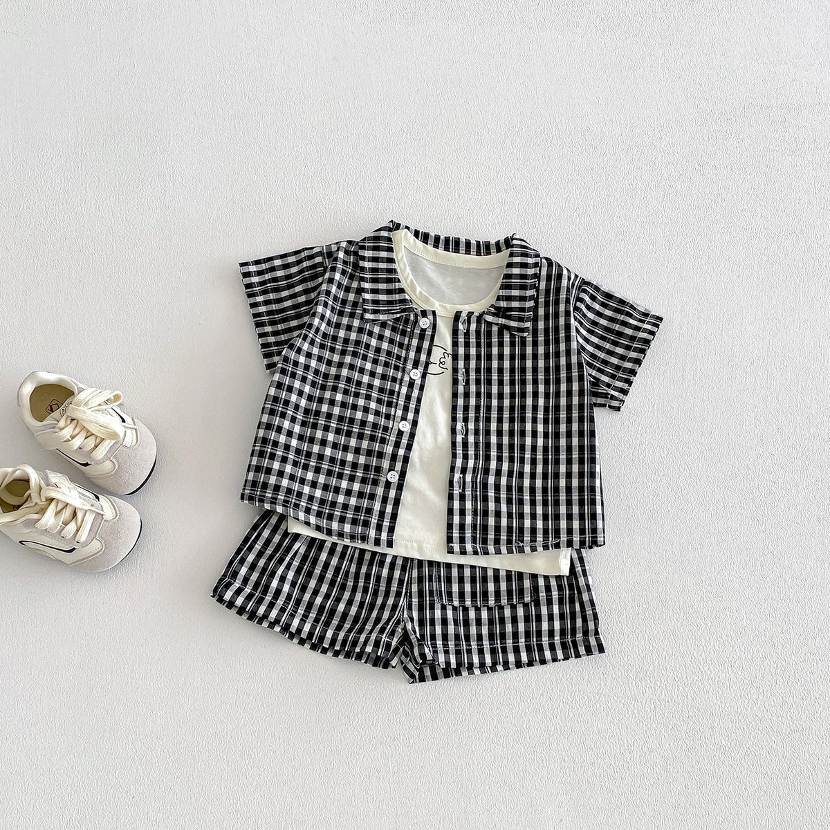 Plaid Shirt Set for Babies and Toddlers, Summer New Arrival, Printed Vest and Shorts Two-Piece Set