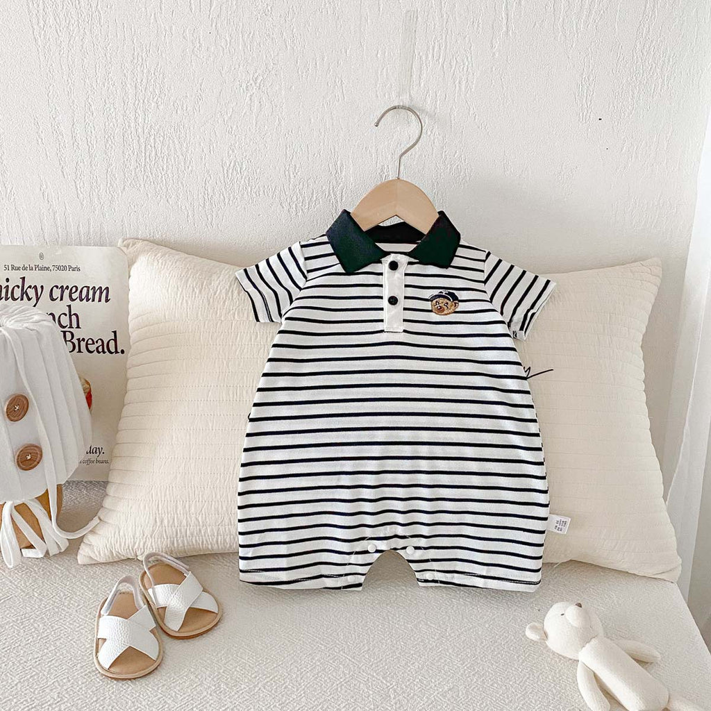 Summer Baby Clothes Romper for Boys Lightweight Polo Bodysuit, Striped Crawling Suit for 100-Day Babies