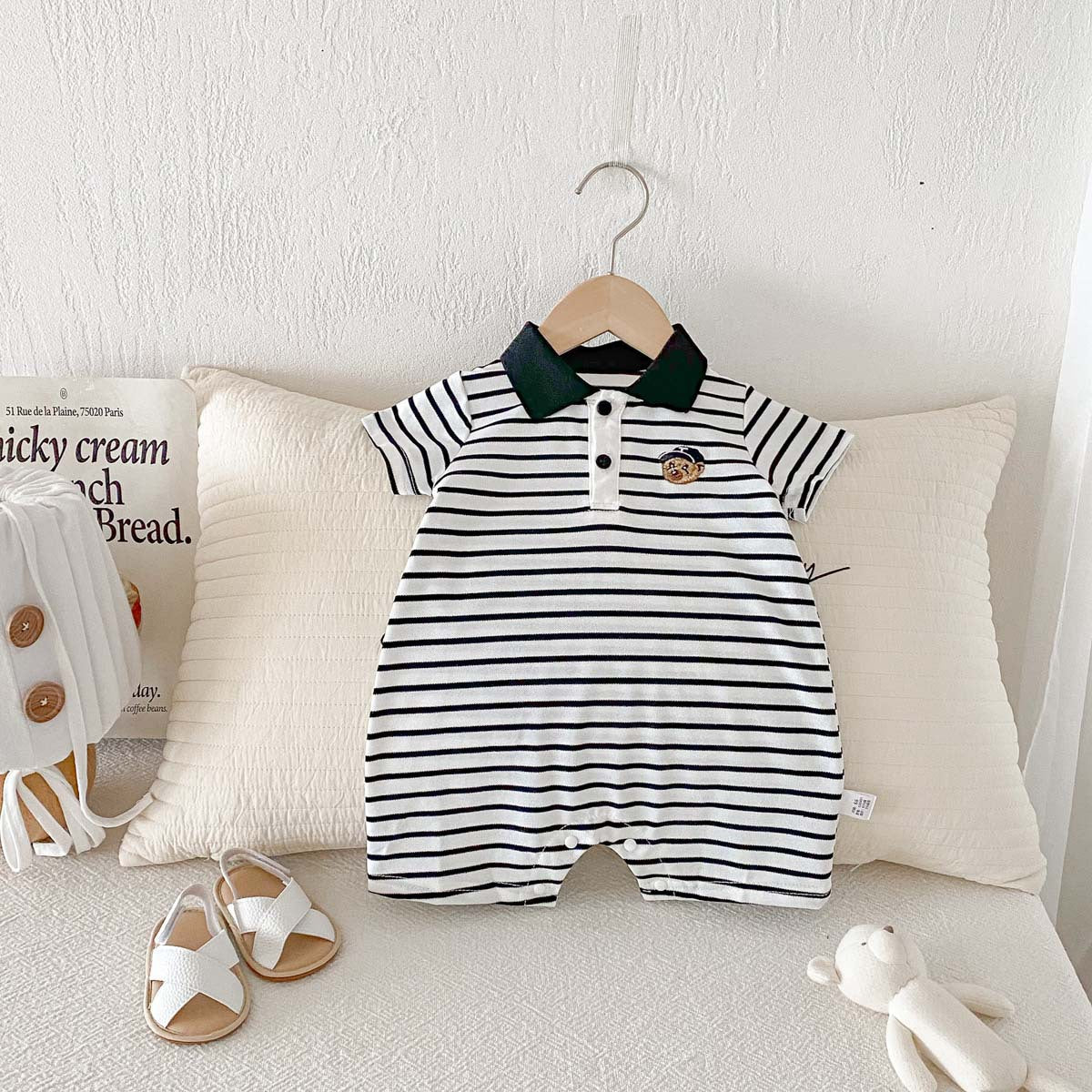 Summer Baby Clothes Romper for Boys Lightweight Polo Bodysuit, Striped Crawling Suit for 100-Day Babies