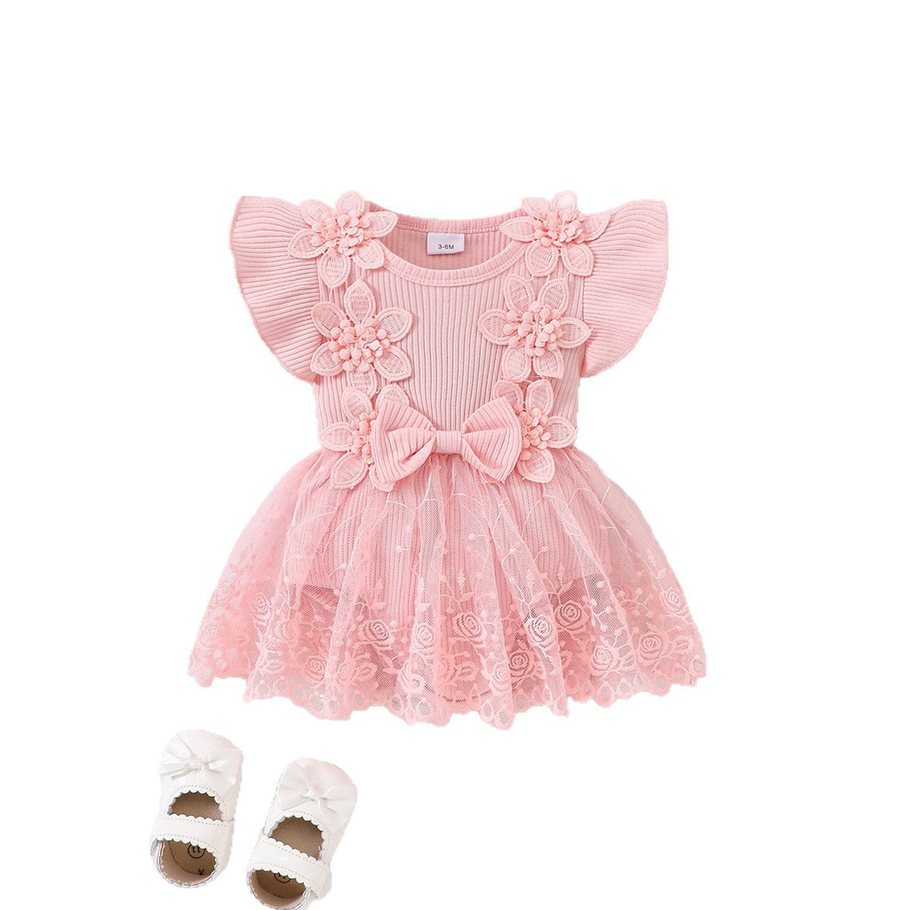 Cute Mesh Princess Romper with 3D Flowers and Flutter Sleeves for Babies and Toddlers Summer Fashion Bodysuit