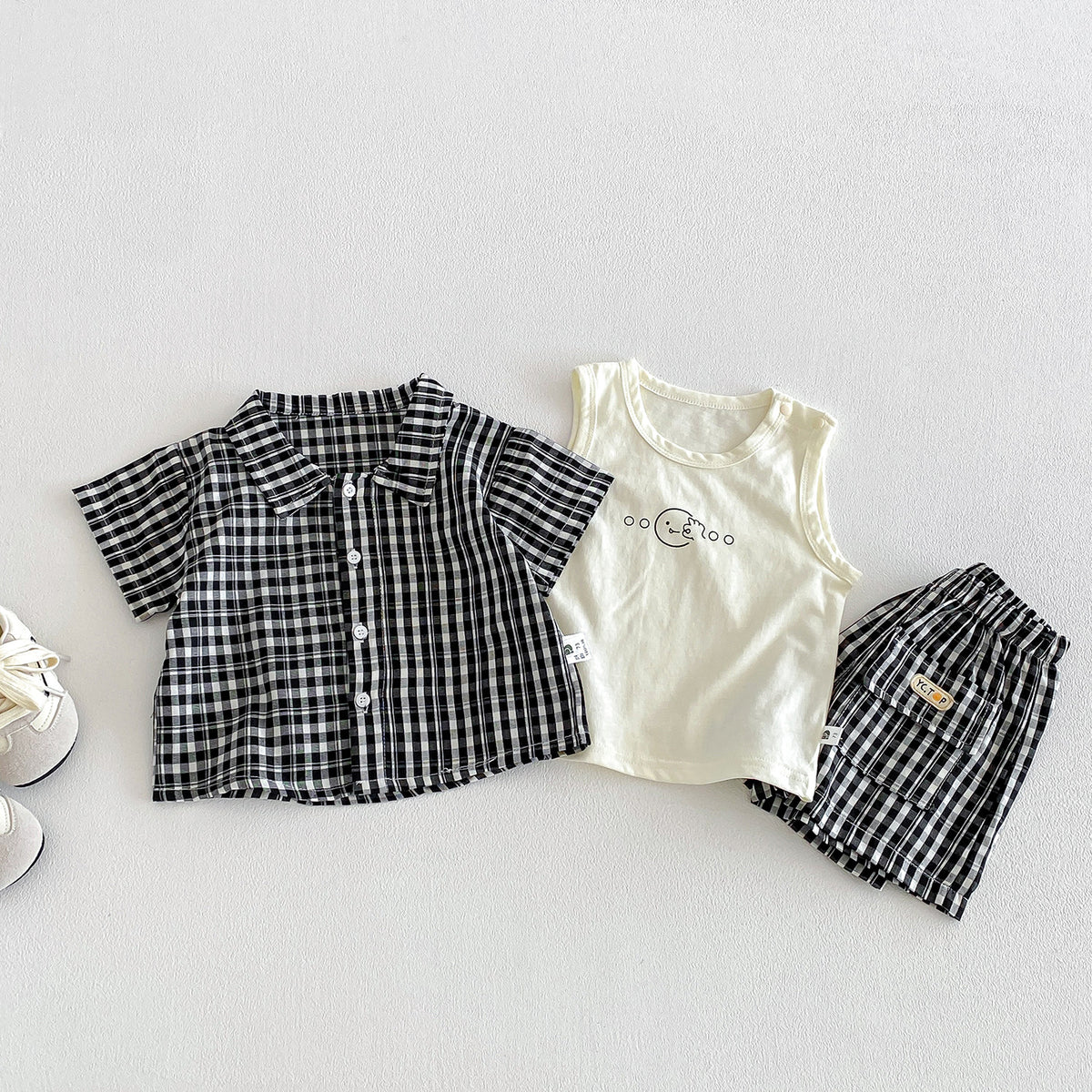 Plaid Shirt Set for Babies and Toddlers, Summer New Arrival, Printed Vest and Shorts Two-Piece Set
