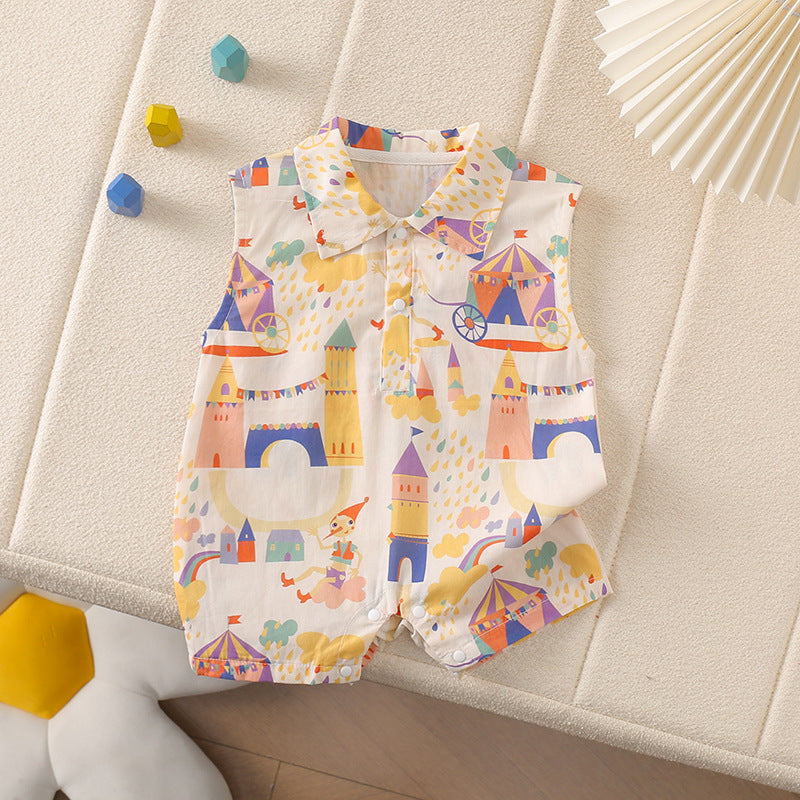 Summer Forest Style Sleeveless Directional Castle Clown Wide Shoulder Summer Romper for Newborn Babies