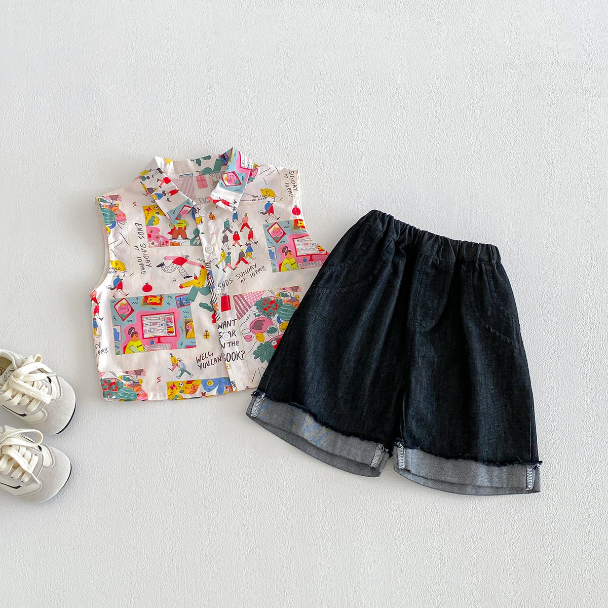 Floral sleeveless shirt set for babies, trendy summer outfit with top and shorts two-piece set
