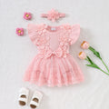 Cute Mesh Princess Romper with 3D Flowers and Flutter Sleeves for Babies and Toddlers Summer Fashion Bodysuit