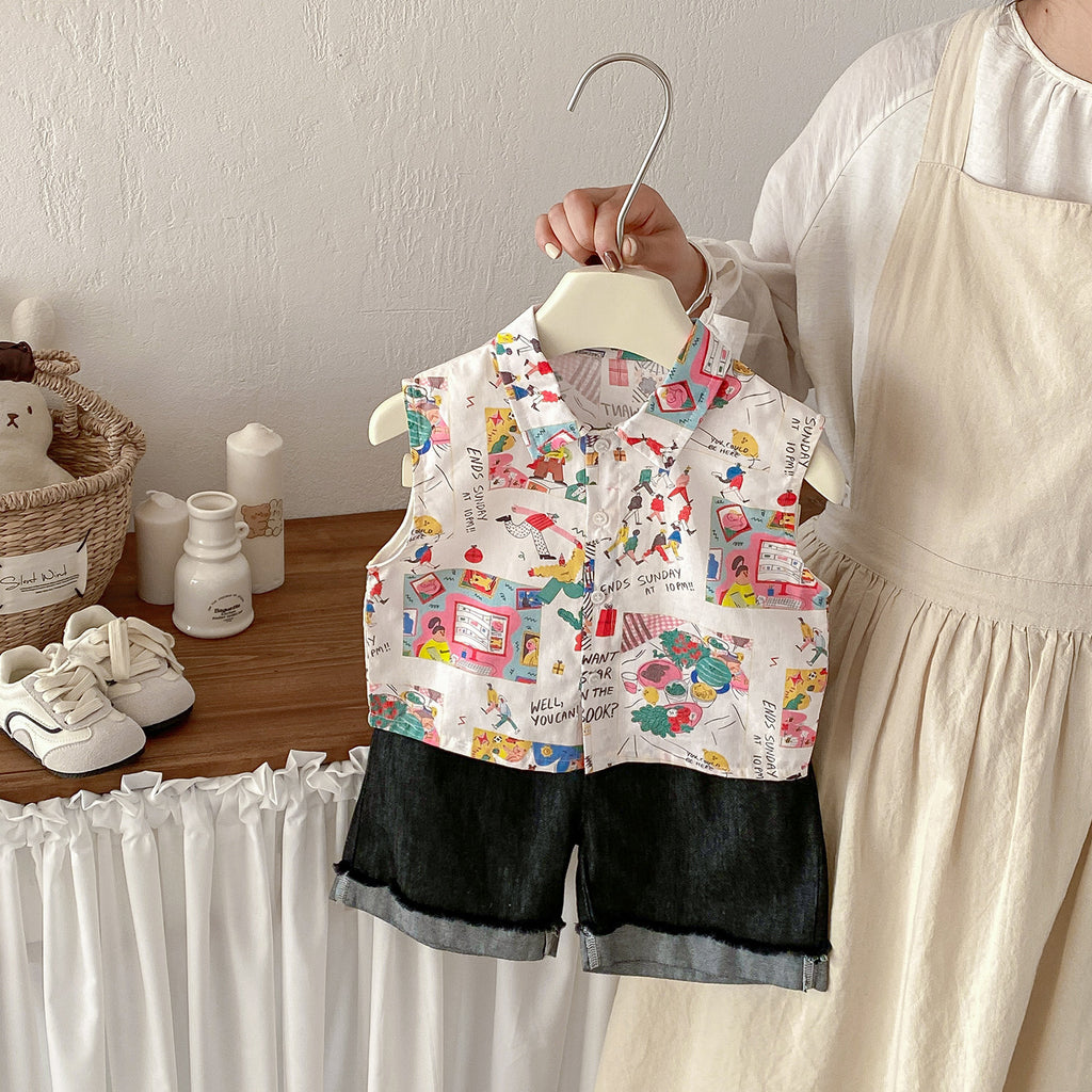 Floral sleeveless shirt set for babies, trendy summer outfit with top and shorts two-piece set