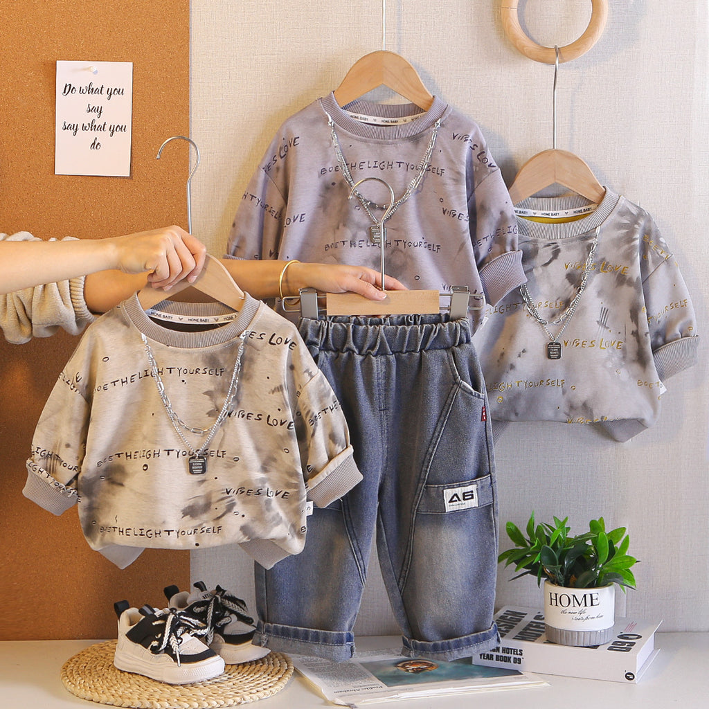 Letter hoodie long sleeved two-piece set for babies and children