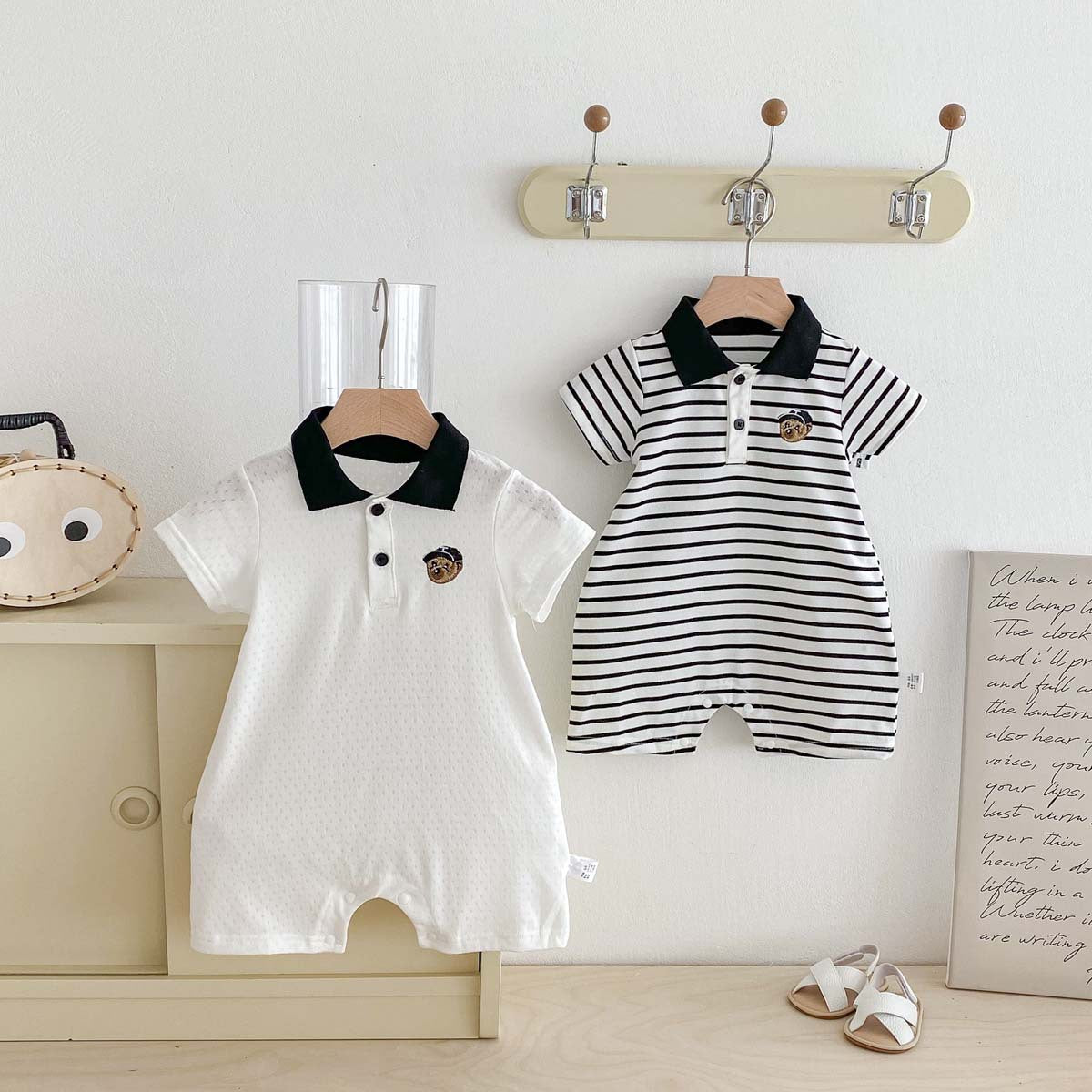 Summer Baby Clothes Romper for Boys Lightweight Polo Bodysuit, Striped Crawling Suit for 100-Day Babies