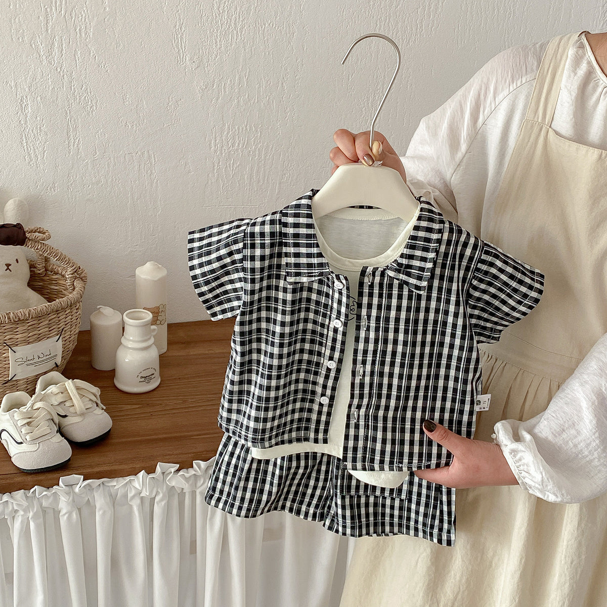 Plaid Shirt Set for Babies and Toddlers, Summer New Arrival, Printed Vest and Shorts Two-Piece Set