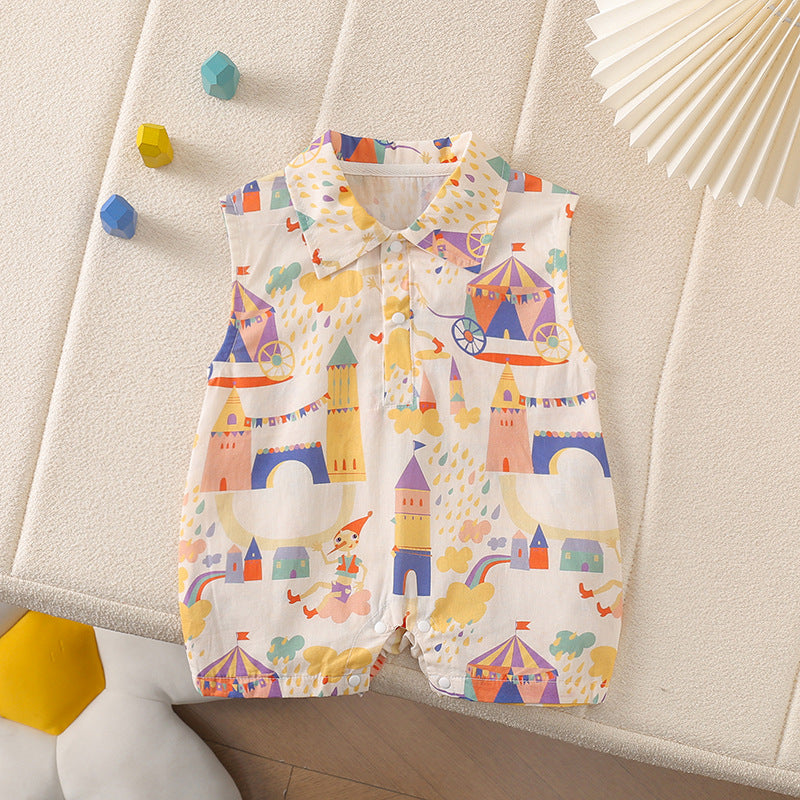 Summer Forest Style Sleeveless Directional Castle Clown Wide Shoulder Summer Romper for Newborn Babies