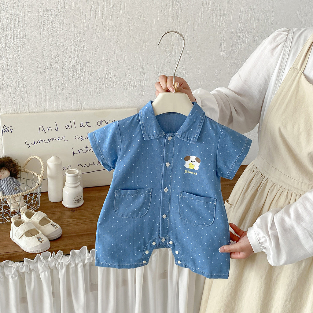Cute Cartoon Polka Dot Denim Short Sleeve Romper for Babies Summer Lightweight Baby Outfit with Open Crotch Design