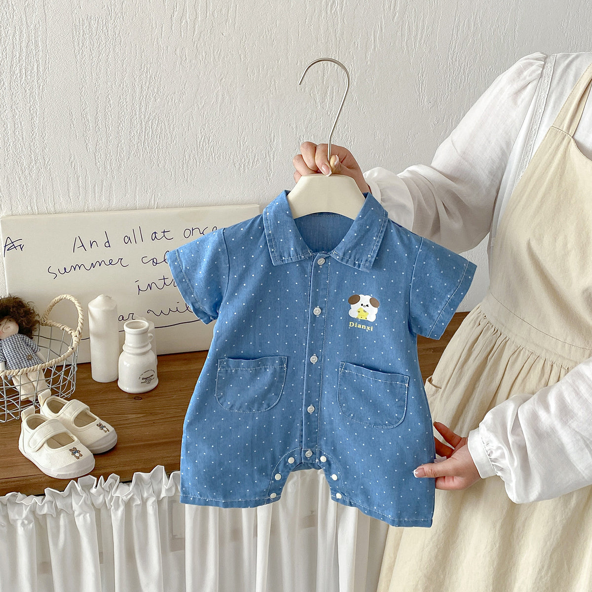 Cute Cartoon Polka Dot Denim Short Sleeve Romper for Babies Summer Lightweight Baby Outfit with Open Crotch Design