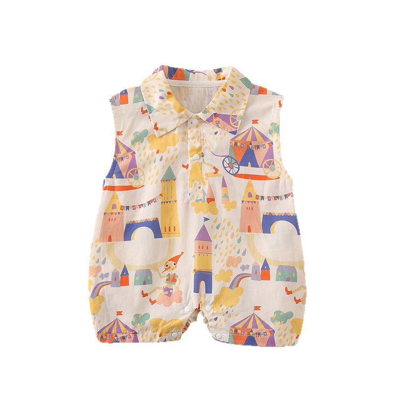 Summer Forest Style Sleeveless Directional Castle Clown Wide Shoulder Summer Romper for Newborn Babies