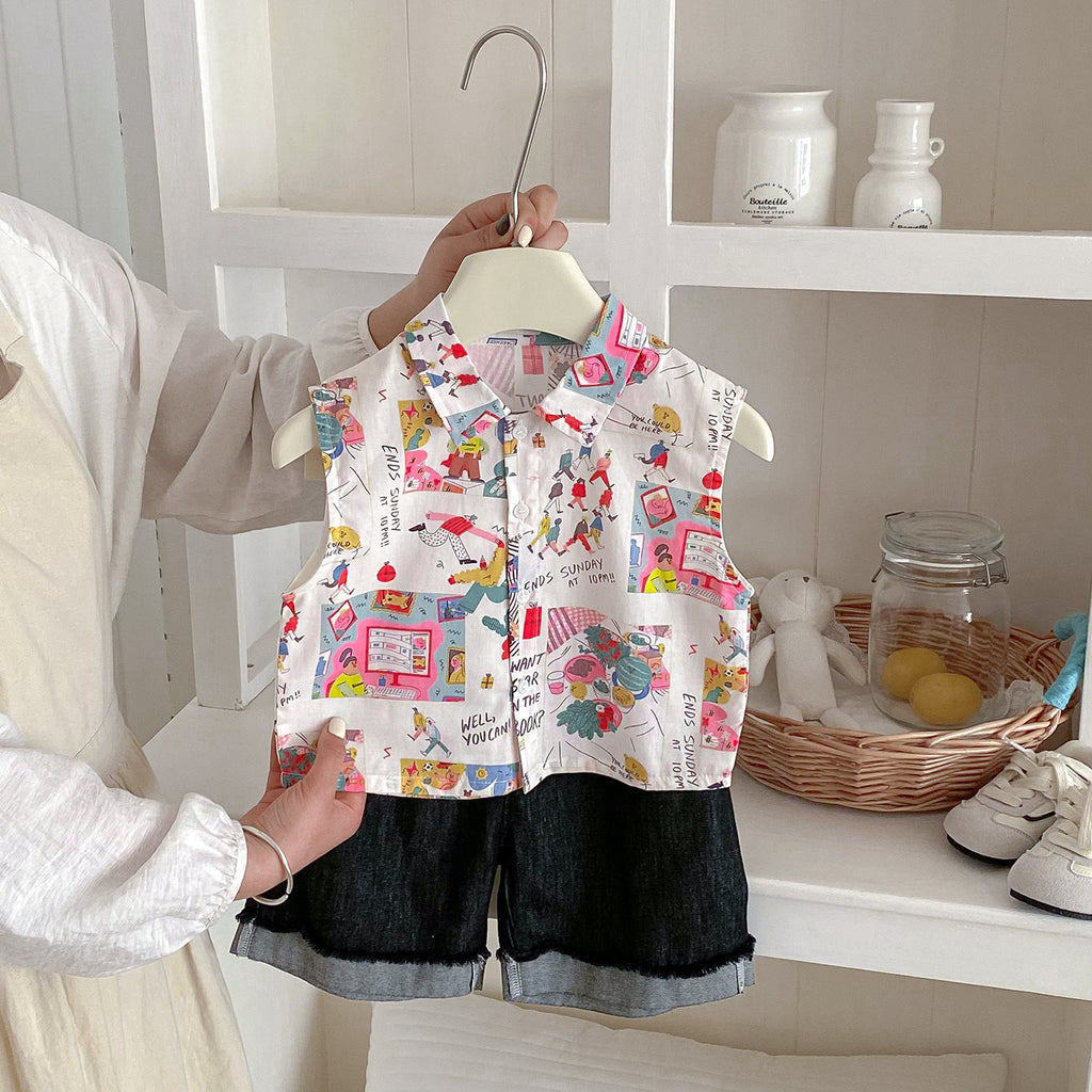 Floral sleeveless shirt set for babies, trendy summer outfit with top and shorts two-piece set